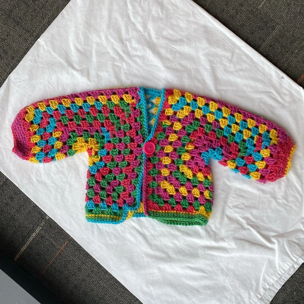 VINTAGE HANDMADE Crochet Sweater Cardigan Rainbow Hand Knit Handmade
